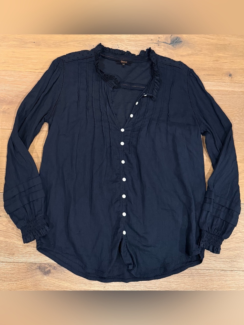 QUINCE Organic Cotton Textured Navy Blue Peasant Blouse Size M - Picture 4 of 10